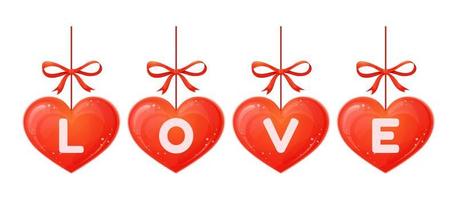 Hearts hanging decoration with love text. Valentines day. Cute ornament. Vector illustration for design isolated on white background.