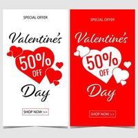 Valentine's Day sale vector banner with hearts in the middle of the poster and indication of discount percentage on white or red background for shopping during Saint Valentine holiday on February 14.