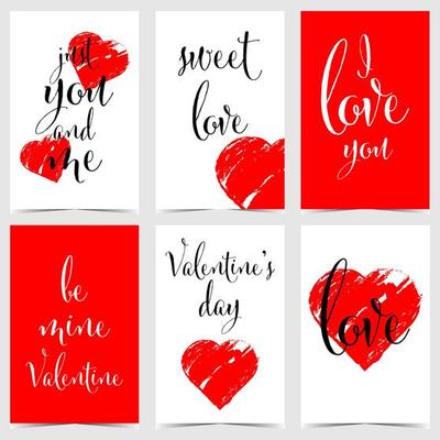 Valentine's Day greeting postcard, gift tag, label or badge with red hearts and romantic love text related to the Feast of Saint Valentine on February 14. Vector illustration in flat style.
