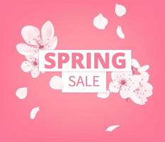 Vector Spring sale banner template with flowers blossom. Cherry white flower, spring blooming sakura greeting card on the pink background. Social media, flyers, invitations, posters, brochures.