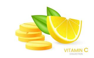 Effervescent soluble tablets. Vitamin C soluble pills with lemon flavor. Realistic lemon sliced with green leaf, sour fresh fruit, bright yellow zest. Vector realistic poster of fizzy pill.