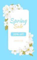 Rectangle banner, Spring sale. Card for spring season with cherry blossom wreath frame, promotion offer spring plants, leaves and white sakura flowers decoration on blue background. Design template. vector