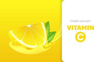 Vitamin C soluble effervescent pills with lemon flavor. Realistic lemon sliced with green leaf, sour fresh fruit, bright yellow zest. Vector realistic poster of lemon juice with splash and drops.