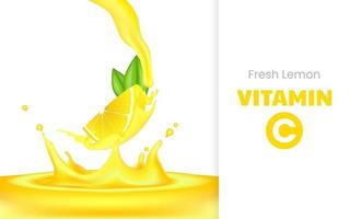 Vitamin C soluble effervescent pills with lemon flavor. Realistic lemon sliced with green leaf, sour fresh fruit, bright yellow zest. Vector realistic poster of lemon juice with splash and drops.