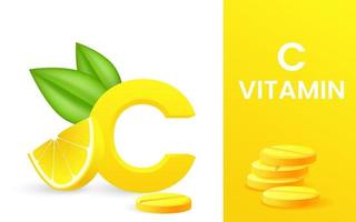 Effervescent soluble pills. Vitamin C soluble tablets with lemon flavor. Realistic lemon sliced with green leaf, sour fresh fruit, bright yellow zest. Vector realistic poster of fizzy pill.