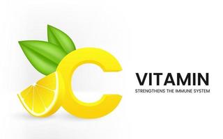 Vitamin C effervescent soluble pills with lemon flavor. Realistic lemon sliced with green leaf, sour fresh fruit, bright yellow zest. Vector realistic poster of Vitamin C complex for medicine.