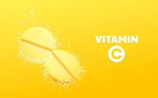 Effervescent soluble pills. Vitamin C soluble drugs with lemon flavor in water with sparkling carbonated bubbles trail. Pills dissolving in the fizzy and bubbling water. Medical banner design. vector