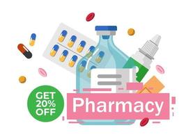 Pharmacy store discount on medicine, promo banner vector