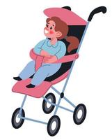 Toddler girl sitting in buggy, small kid in pram vector