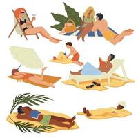 hombres y mujeres descansando en la playa o en el vector costero