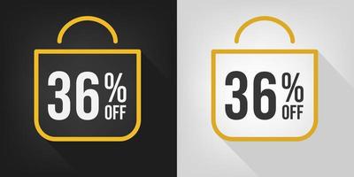 36 percent off. Black, white and yellow banner with thirty-six percent discount. Shopping bag concept vector. vector