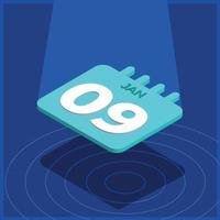 Blue 3D calendar floating with spotlight - January 9th vector