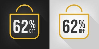 62 percent off. Black, white and yellow banner with sixty-two percent discount. Shopping bag concept vector. vector