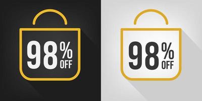 98 percent off. Black, white and yellow banner with ninety-eight percent discount. Shopping bag concept vector. vector