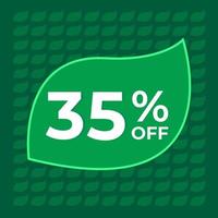 35 percent off. Thirty-five percent off on a green background with tree leaf concept vector. vector