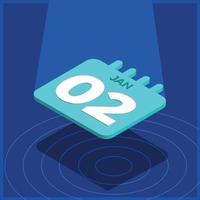 Blue 3D calendar floating with spotlight - January 2nd vector