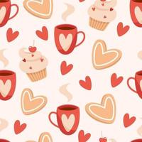 Seamless valentines day pattern with hot drink and cakes in flat styleSeamless valentines day pattern with hot drink and cakes in flat style vector