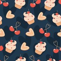 Seamless valentines day pattern with cherry and cakes in flat style vector