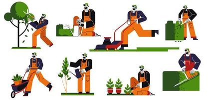 Gardening man cutting tree leaves, bushes twigs vector