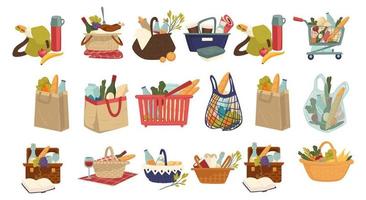 bolsas con productos y comestibles, compras de alimentos vector