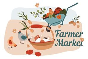 mercado de agricultores, venta de huevos y verduras maduras vector