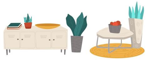 diseño interior moderno con decoración de mesa y foros vector