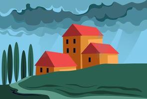 Farm in countryside, summer rainy evening vector