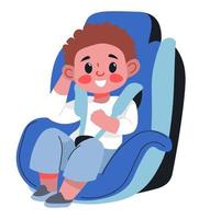 Child boy sitting in car seat with fasten belts
