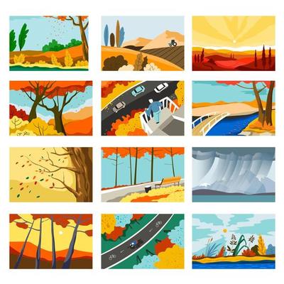 Autumn landscapes, cities and parks with trees