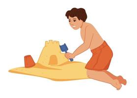 Child building castle with sand, beach vacation vector