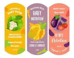 Nutrient rich baby food, corn and carrot labels vector