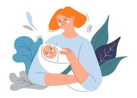 Mother with newborn baby, bonding mom and kid vector