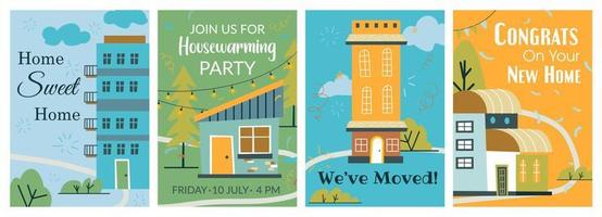 New home celebration, colorful postcard design set vector