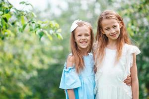 Adorable little girls in blooming apple tree garden on spring day photo