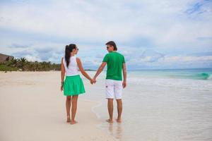 Back view of Young couple walking on exotic beach in sunny day photo