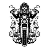 lack and white illustration of a biker skeleton vector