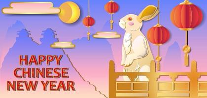 Happy Chinese new year 2023 year of the rabbit zodiac sign with Asian elements in gold paper cut style on a color Background.Happy new year. vector