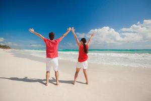 Back view of young couple spread their arms standing on white sandy beach photo