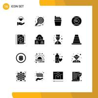 Group of 16 Modern Solid Glyphs Set for box sports report pool equipment Editable Vector Design Elements