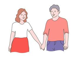 A guy and a girl are holding hands, in love, looking at each other. The couple is happy together. Vector graphics.