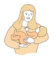 A woman with a baby in her arms. Mom holds the baby with love looks. Vector graphics.