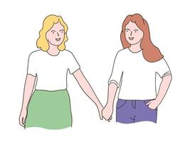 A young couple of girls hugging, looking at each other. Two lesbians in love with each other, holding hands. The concept of homosexuality, equality of rights. Vector line graphics, freehand drawing.