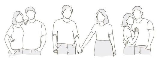 A young couple embraces, looks at each other. A guy and a girl in love with each other. A group of people. Vector line graphics, freehand drawing.