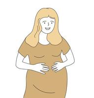 A pregnant woman holds her stomach with her hands. The expectant mother is happy waiting for a child. Vector graphics.