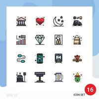 Pack of 16 Modern Flat Color Filled Lines Signs and Symbols for Web Print Media such as long technology half man car Editable Creative Vector Design Elements