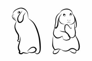 Decorative cute bunny hand drawn vector illustration isolated on white background. Rabbit sits in front. Black and white. Linear drawing. Calligraphy image. Symbol of 2023. Happy Easter greeting card.