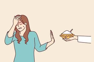Embarrassed woman makes stop gesture rejecting proposed sugar that can harm health. girl touches forehead with hand trying to avoid eating sweety foods for dieting. Flat vector illustration