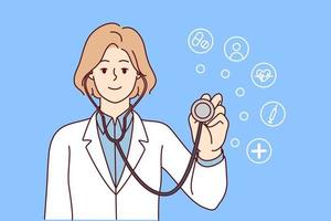 Positive woman doctor puts stethoscope to camera wanting to help patient in getting rid of diseases. Girl clinic employee for health care or medical insurance concept. Flat vector illustration