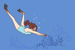 Woman diver swims underwater enjoying beauty of ocean floor covered with algae. Girl in oxygen mask and fins enjoys vacation in tropical sea being carried away by swimming. Flat vector illustration