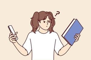 Teen girl choose between book and phone to read favorite art story. Schoolgirl looks at textbook in embarrassment due to procrastination and desire to play smartphone games. Flat vector illustration